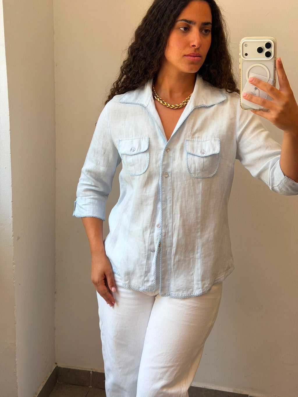 Linen Botton-up shirt in light blue L