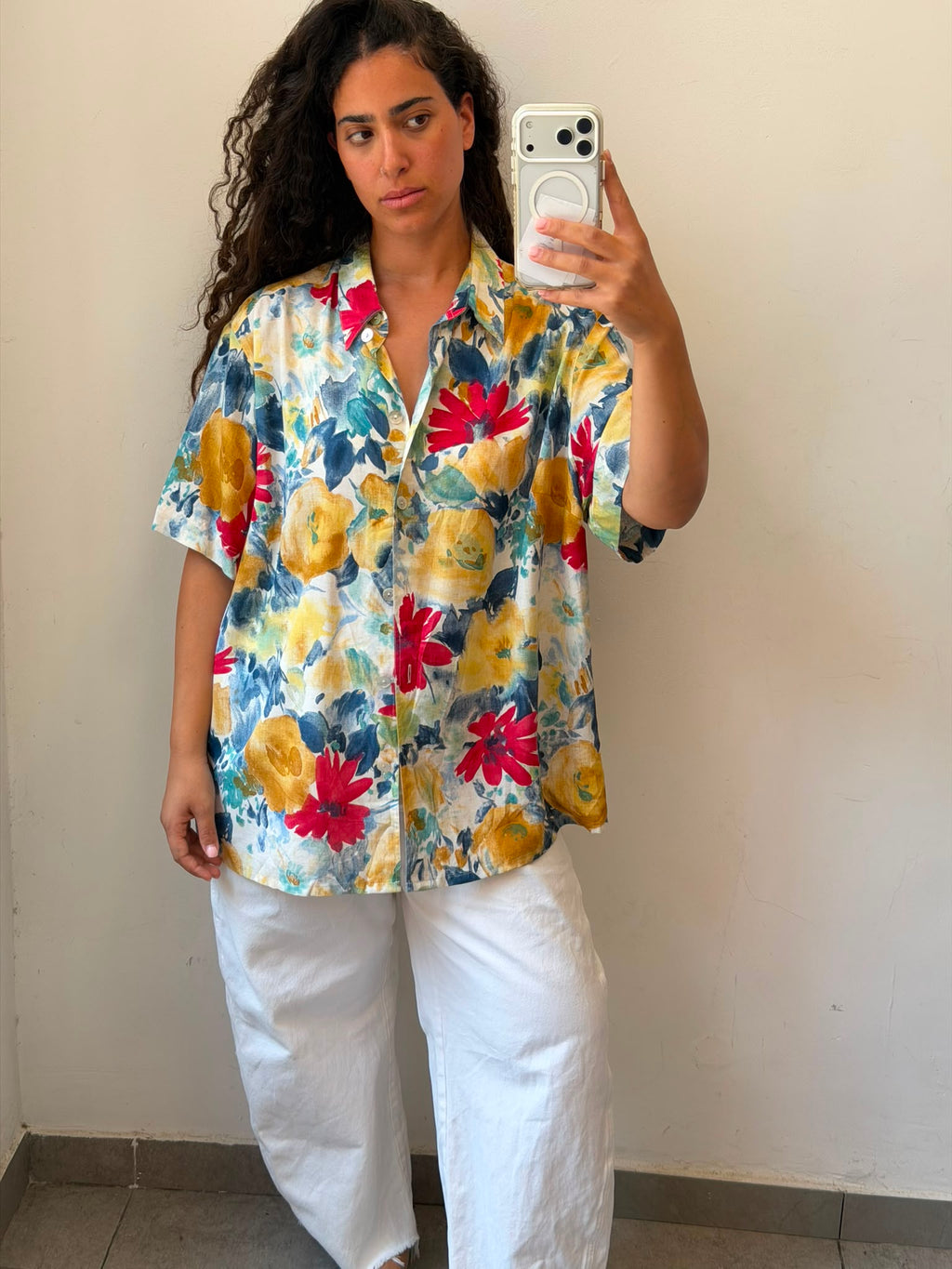 Flowry Botton-up short sleeve shirt L-XL
