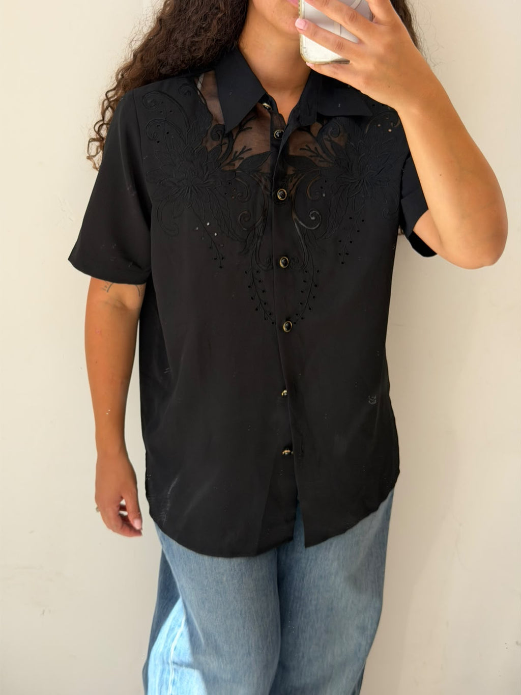 Black romantic shirt with flowers embroidery size L
