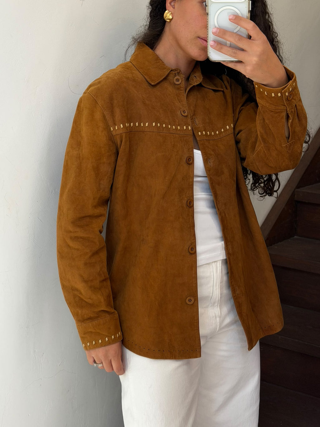 Brown Suede Jacket With Beige Details Size L