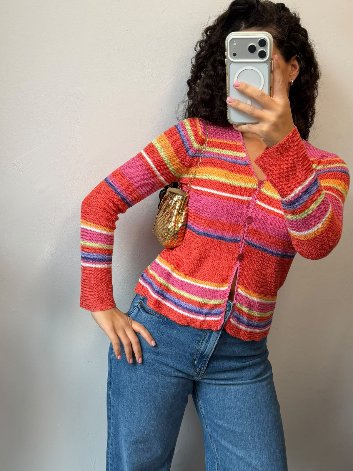 Colorful Striped Knit Cardigan V-Neck Sweater Size S