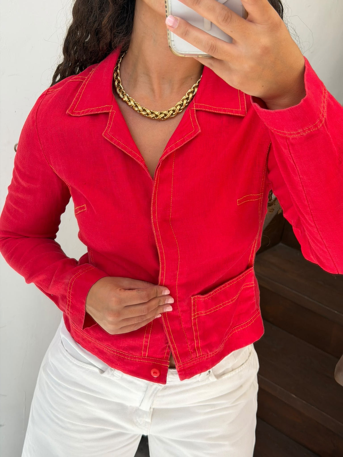 Linen Red Jacket With Yellow Stitching Size S