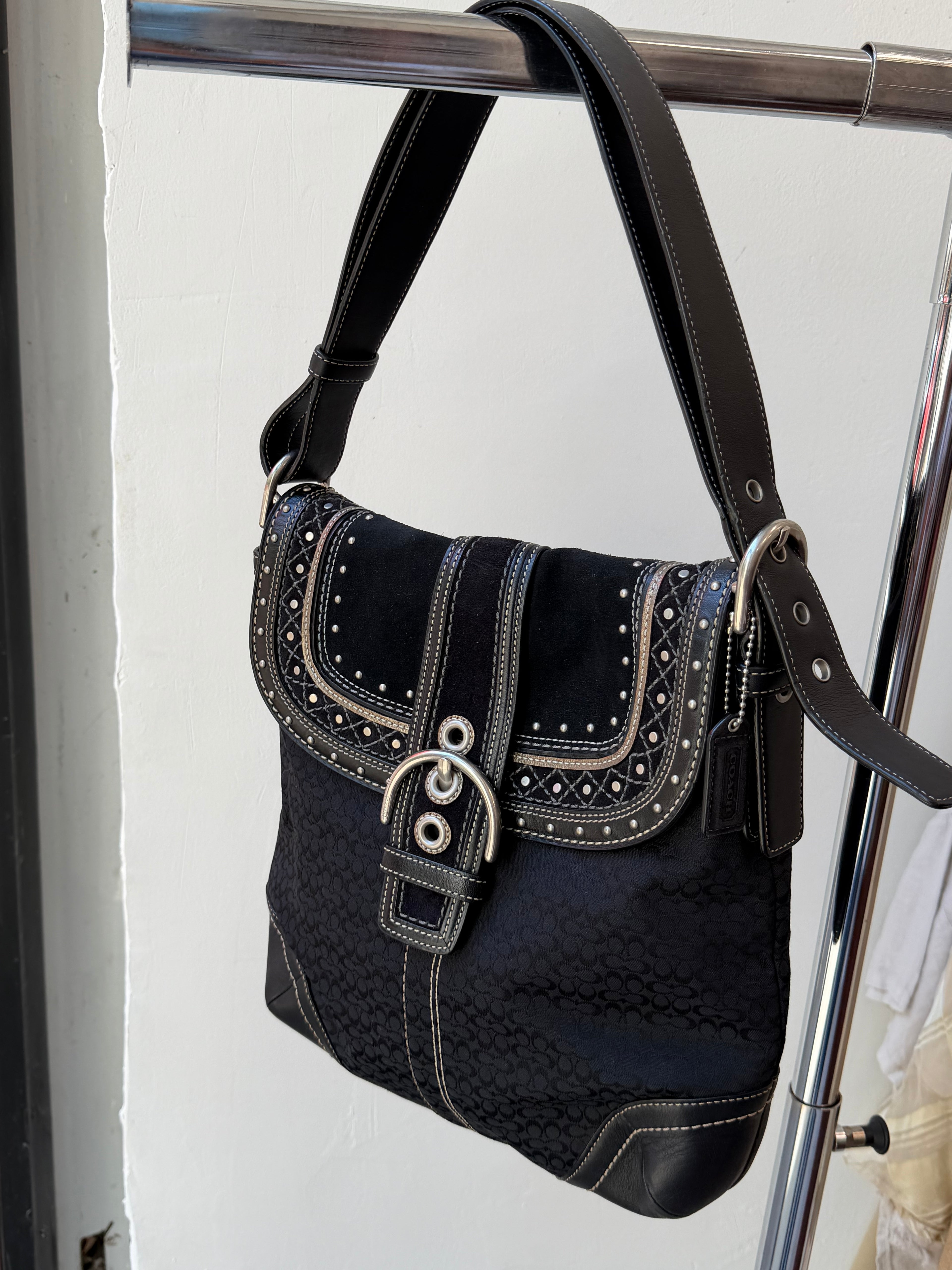 Coach Soho Black Signature C Patchwork w/Rivets Shoulder Bag