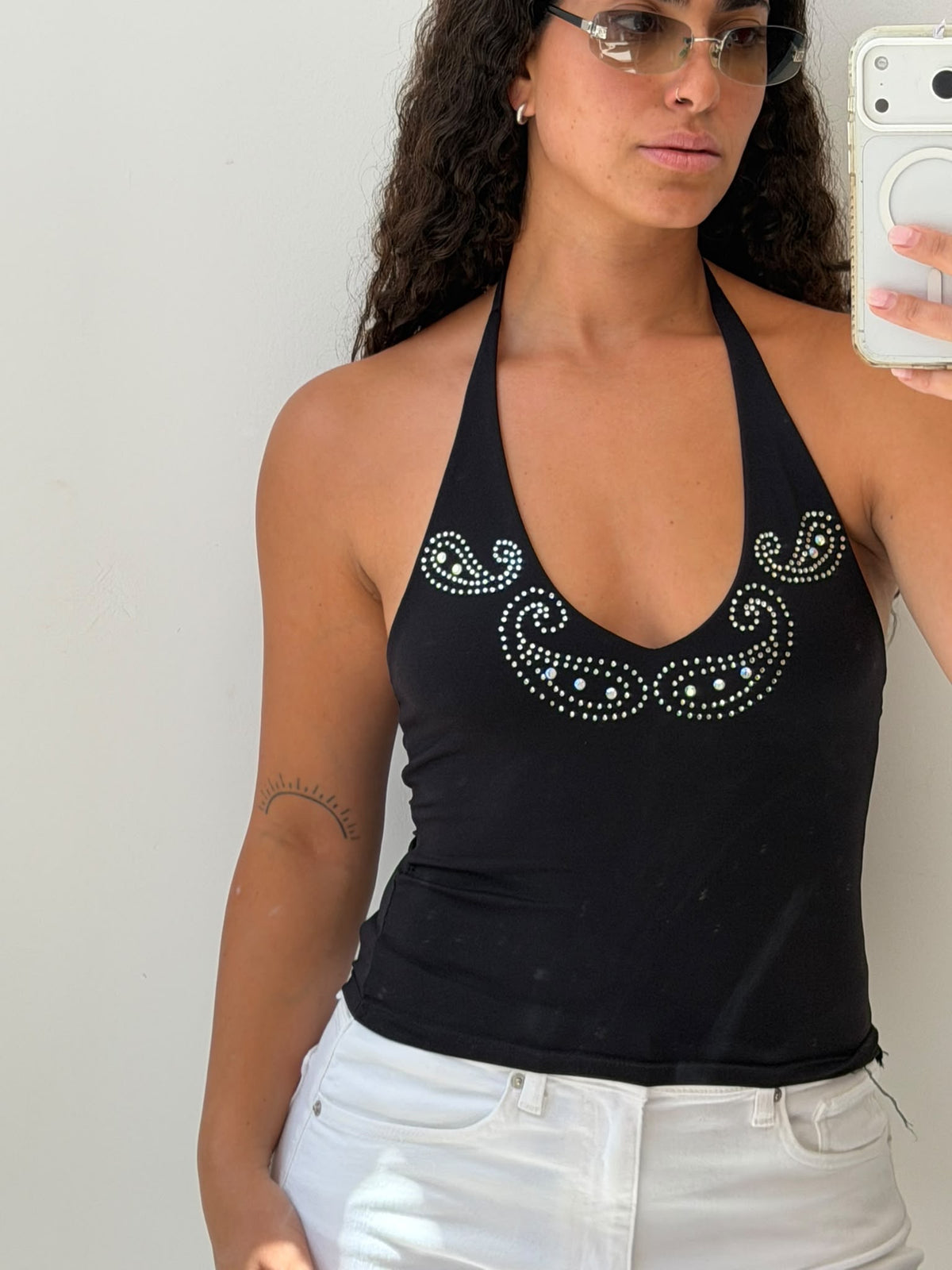 Black halter top with stones details