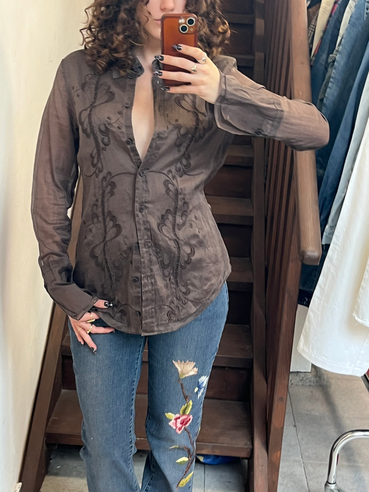 Brown Sheer Embroidered Blouse Button Up Long Sleeve Shirt Size S