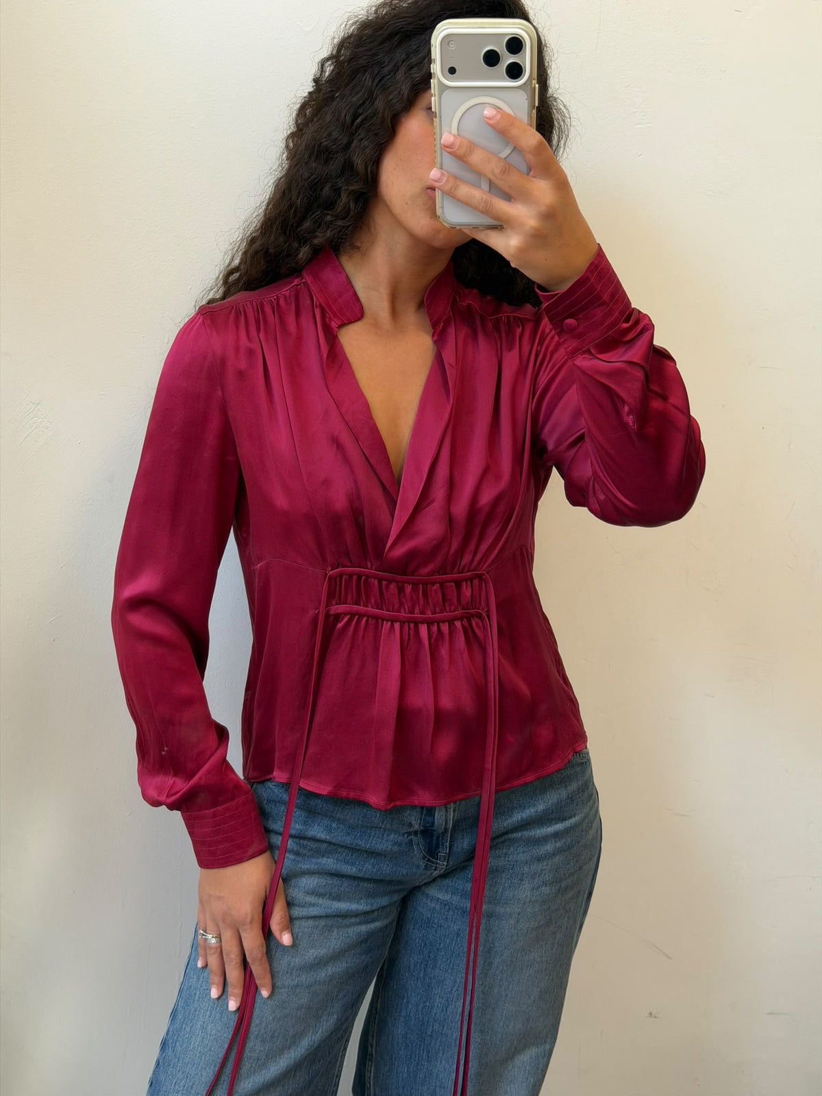 Magenta Satin V-Neck Blouse Size L
