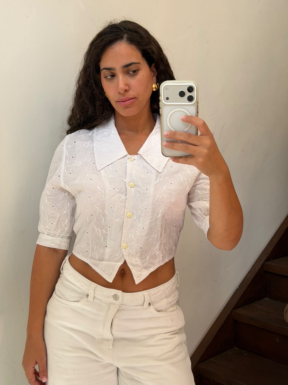 White Button Up Shirt With Flowers Embroidery Size M