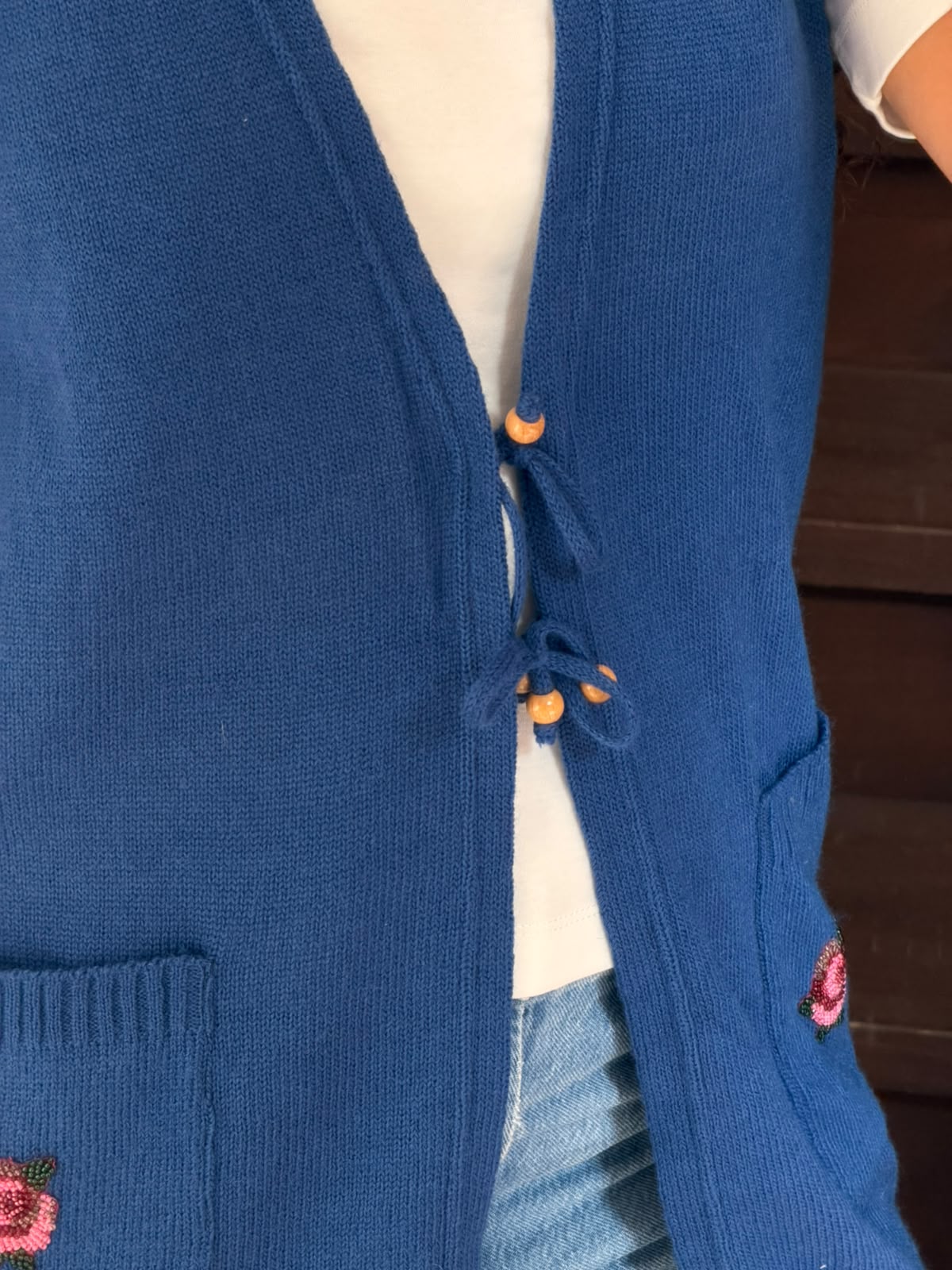 Blue Knit Vest Tie Front Beaded Rose Pocket Cardigan Size L