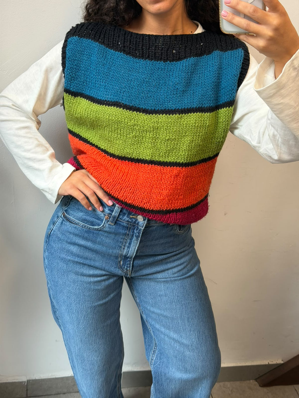 Colorful Striped Knit Vest Sleeveless Sweater Size M