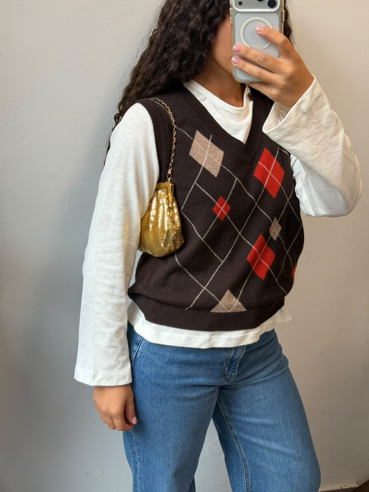 Brown Argyle Knit Vest V-Neck Sleeveless Sweater Size L