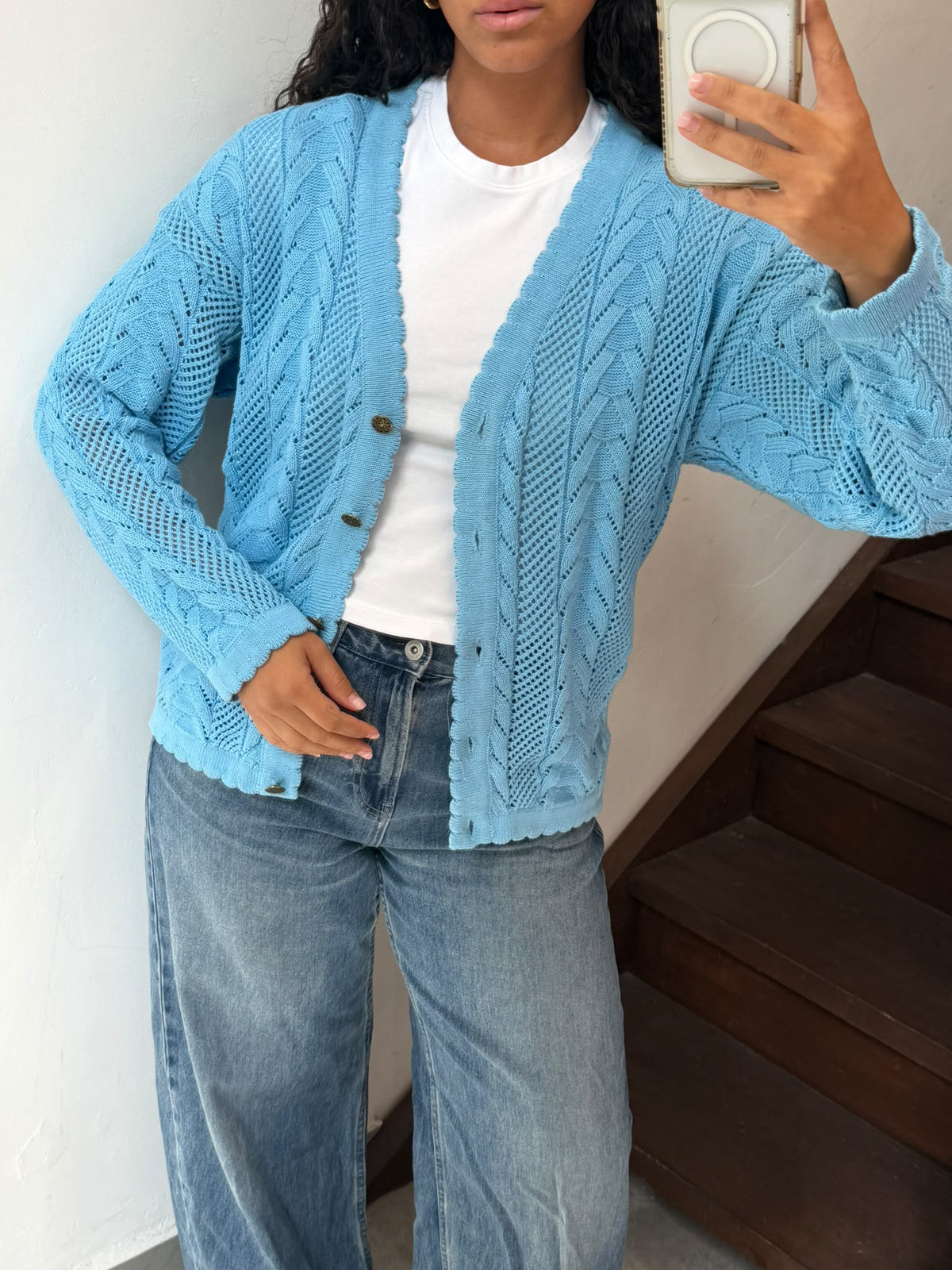 Light Blue Knit V-Neck Button Up Cardigan Size M