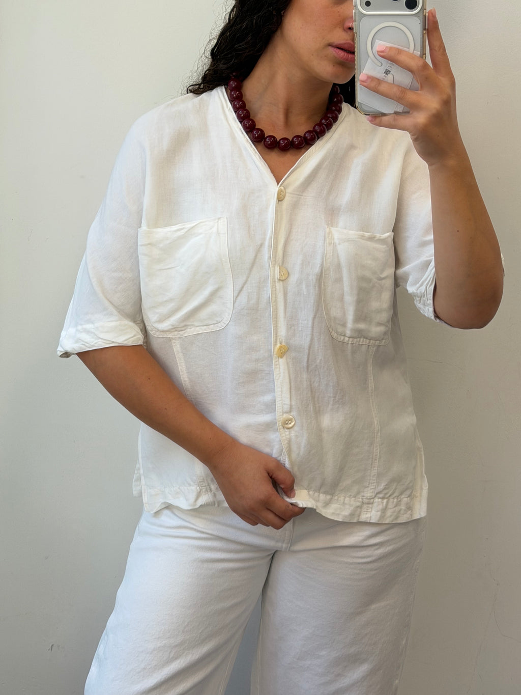 Linen Botton-up shirt in white L