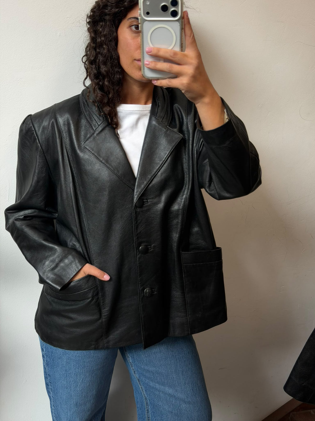 Black Leather Padded Shoulder Blazer Jacket Size XL