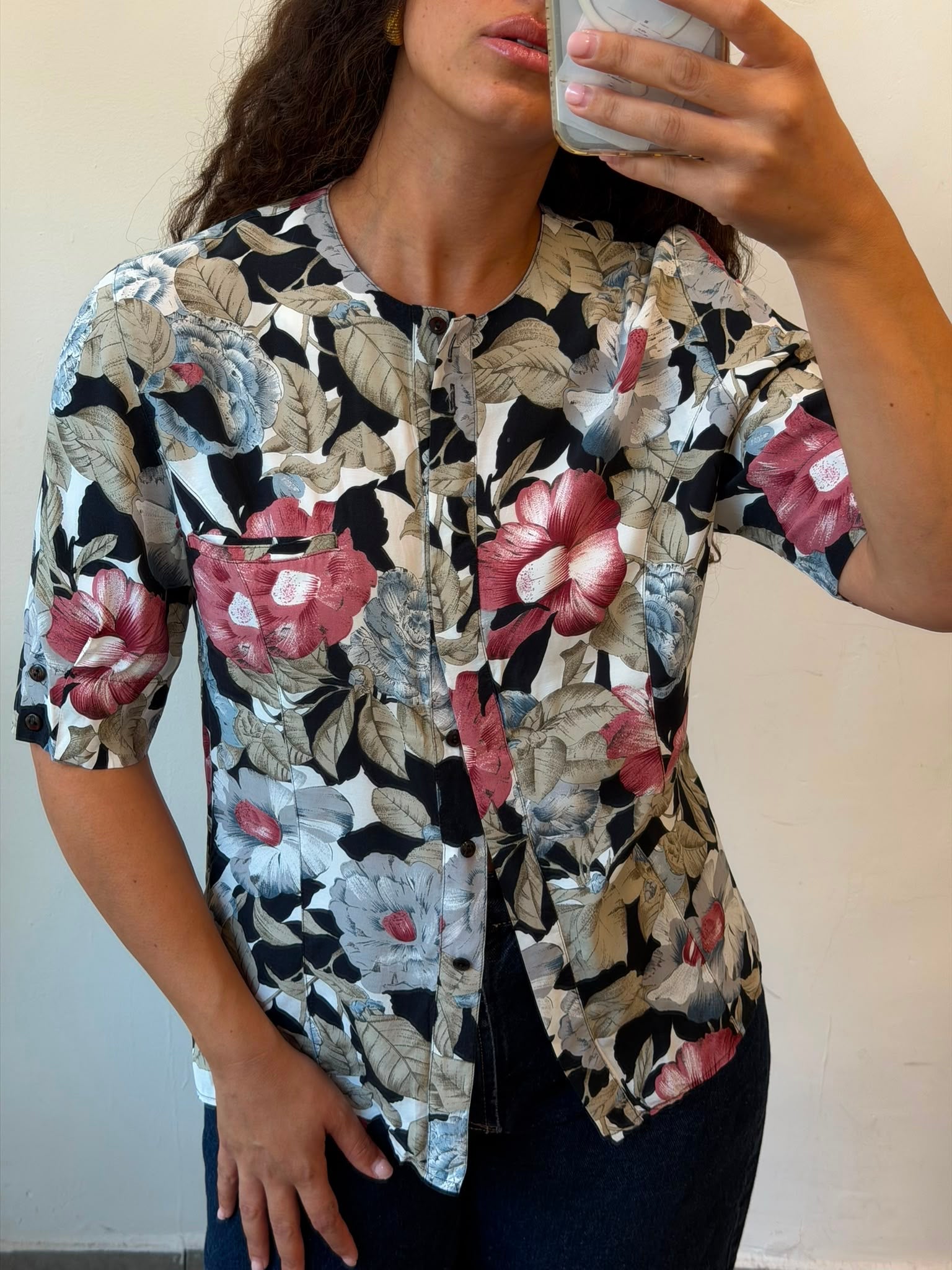 Flowery Botton-up Short Sleeve Shirt L