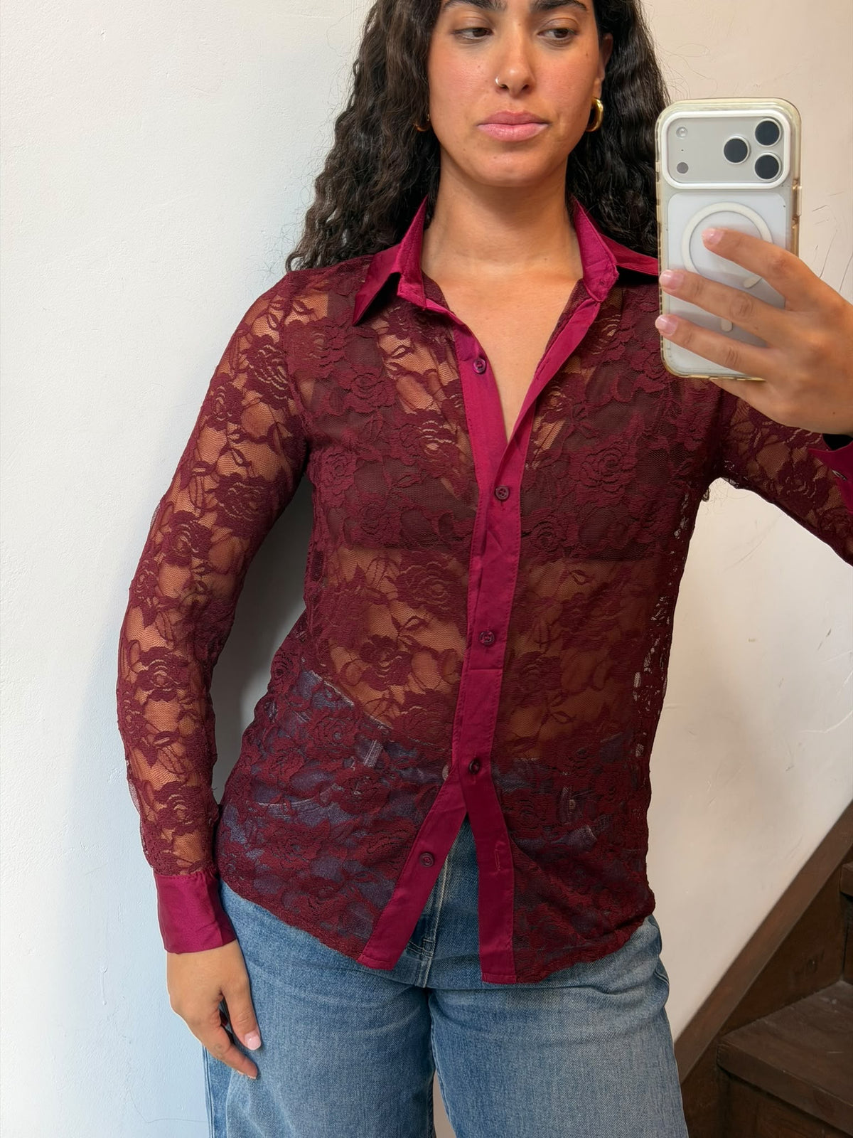 Burgundy Sheer Floral Lace Button Up Shirt Size M
