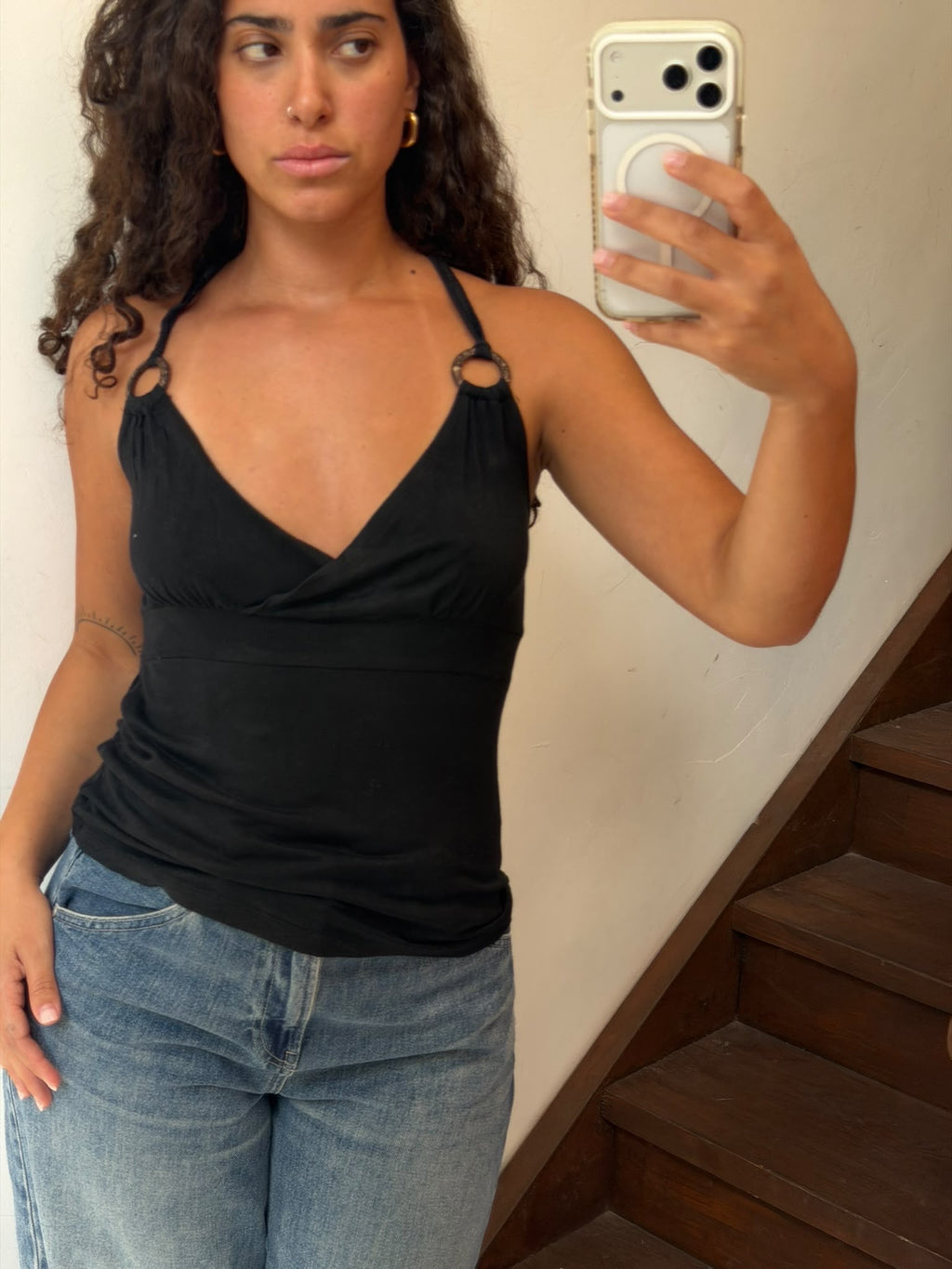 Black Halter Neck Top with O-Ring Details and Criss-Cross Back Size S
