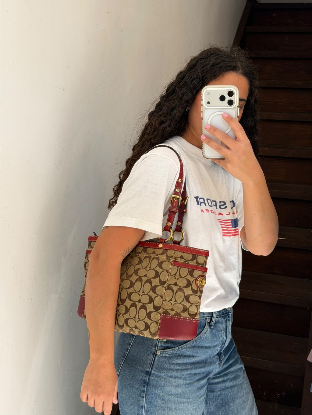 Vintage COACH Signature Hampton Buckle Tote Bag Khaki & Red Leather