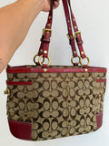 Vintage COACH Signature Hampton Buckle Tote Bag Khaki & Red Leather