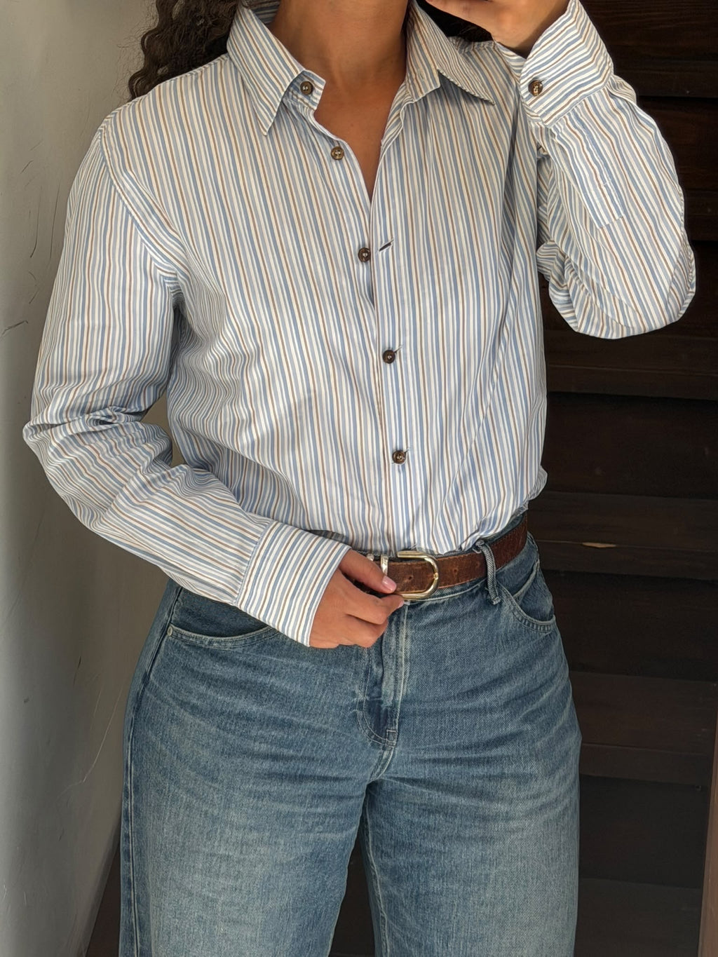 Classic Striped Long Sleeve Button-Down Shirt Size M