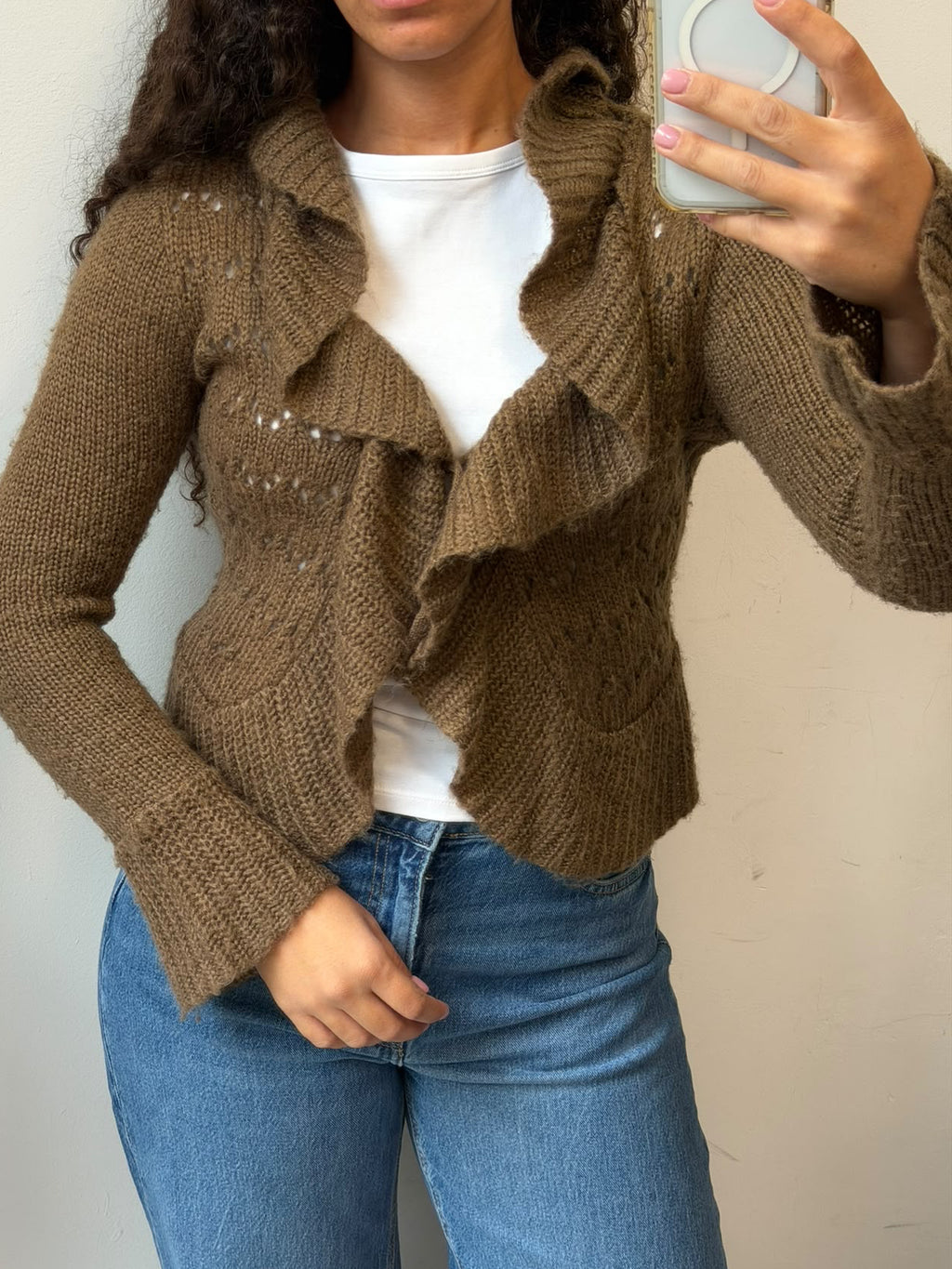 Brown Ruffle Knit Cardigan Open Front Sweater Size S
