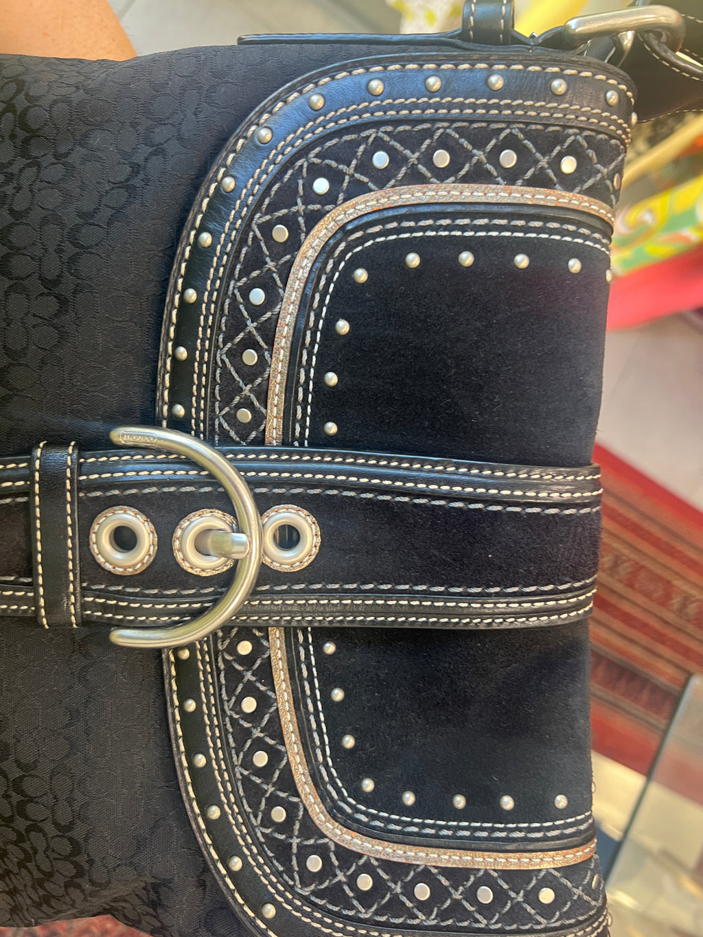 Coach Soho Black Signature C Patchwork w/Rivets Shoulder Bag