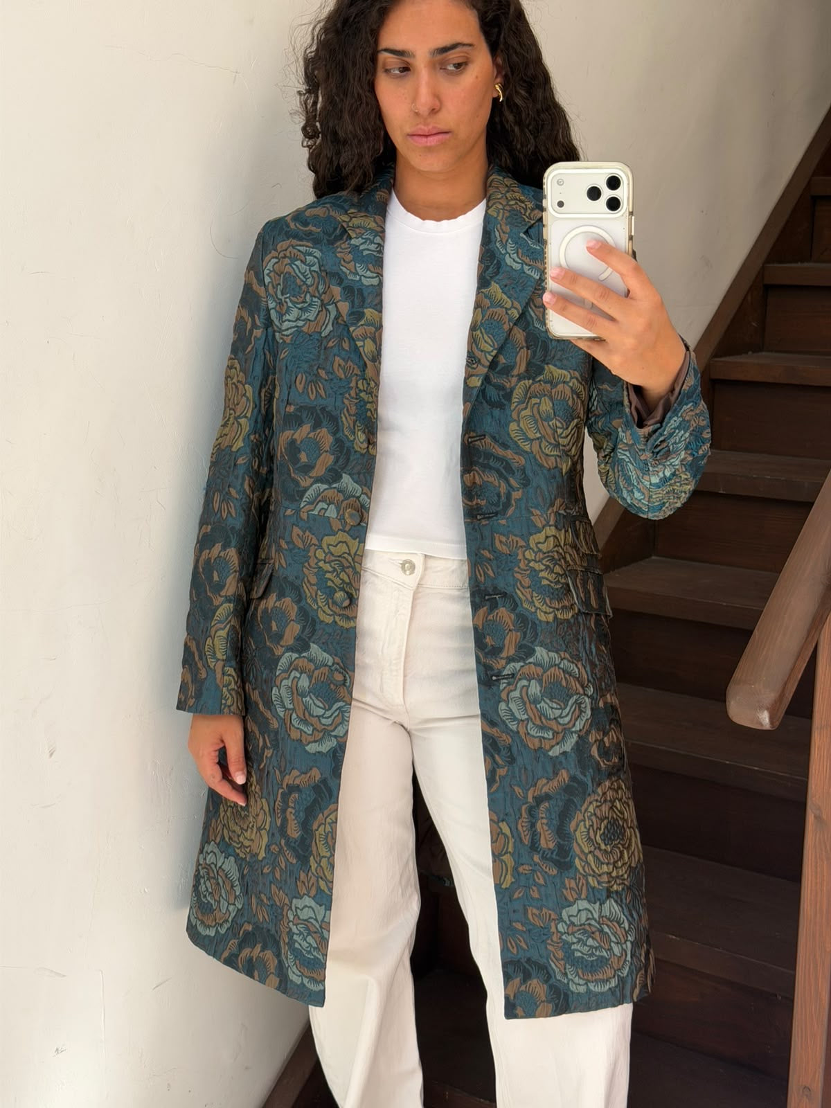 Floral Jacquard Longline Coat Size M