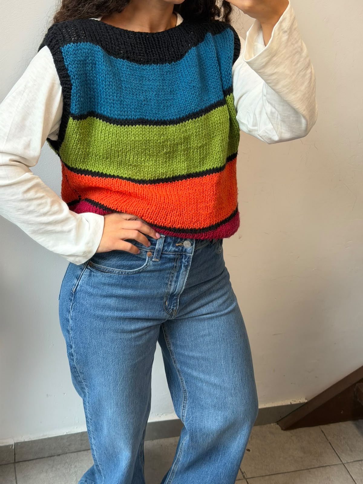Colorful Striped Knit Vest Sleeveless Sweater Size M