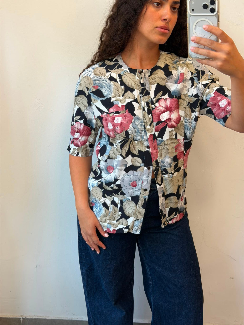 Flowery Botton-up Short Sleeve Shirt L