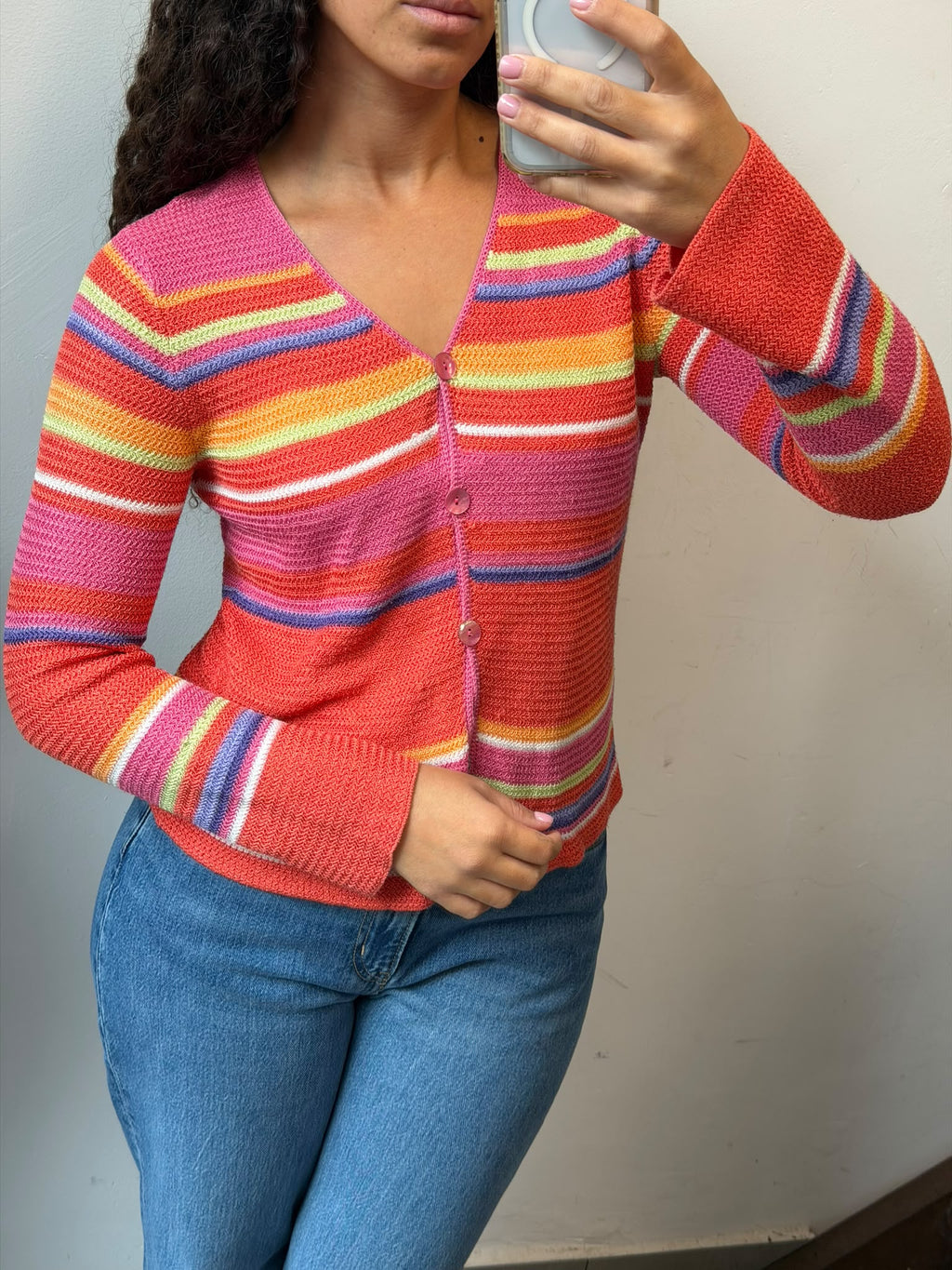 Colorful Striped Knit Cardigan V-Neck Sweater Size S