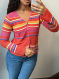 Colorful Striped Knit Cardigan V-Neck Sweater Size S