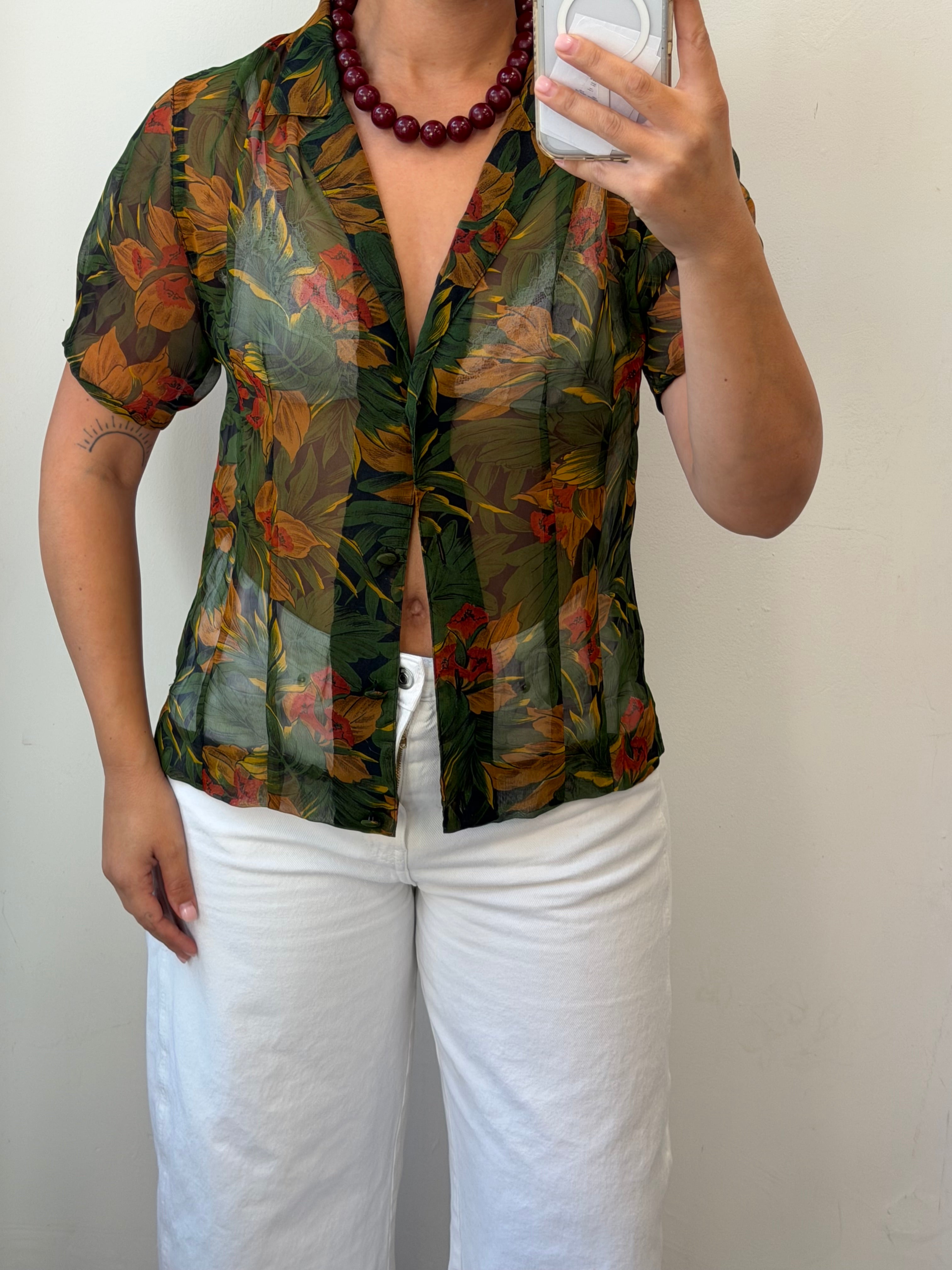 Flowery See-Through Botton-up Short Sleeve Shirt M-L