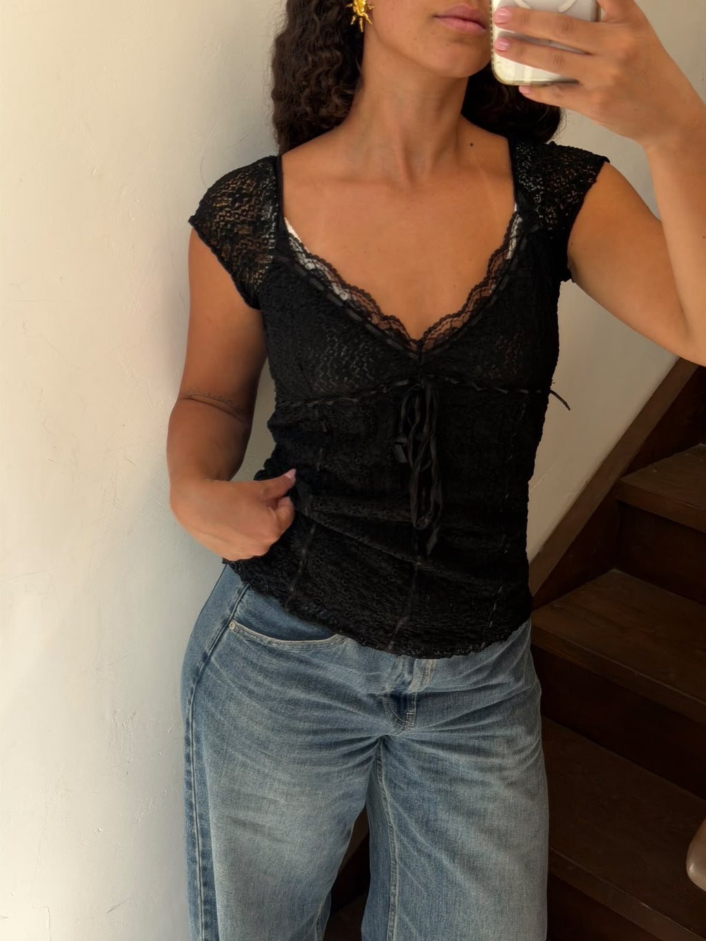 Black Lace Cap Sleeve Top Size S-M