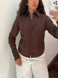 Brown Button Up Shirt With Flowers Embroidery Size M