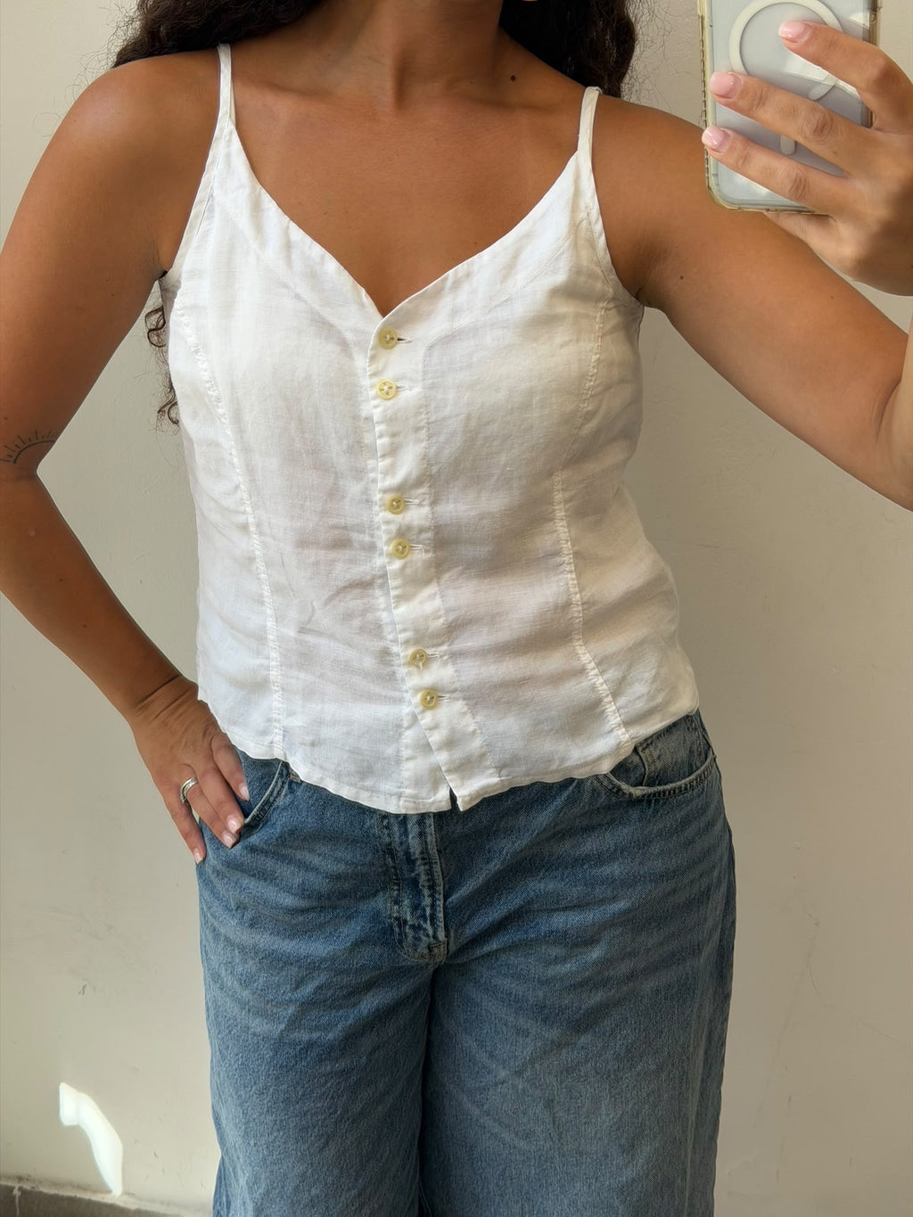 Linen white button up tank top size M