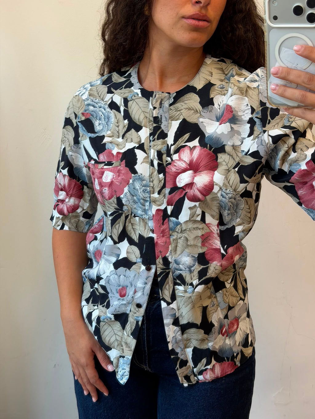 Flowery Botton-up Short Sleeve Shirt L