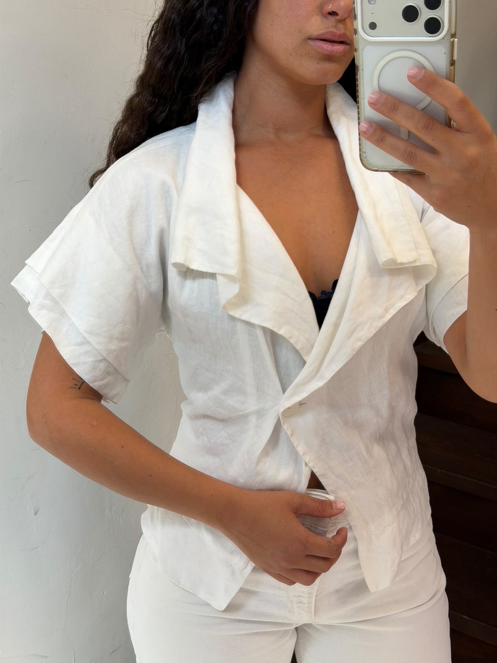 White Linen Ruffled Wrap Blouse with Waist Tie Size M