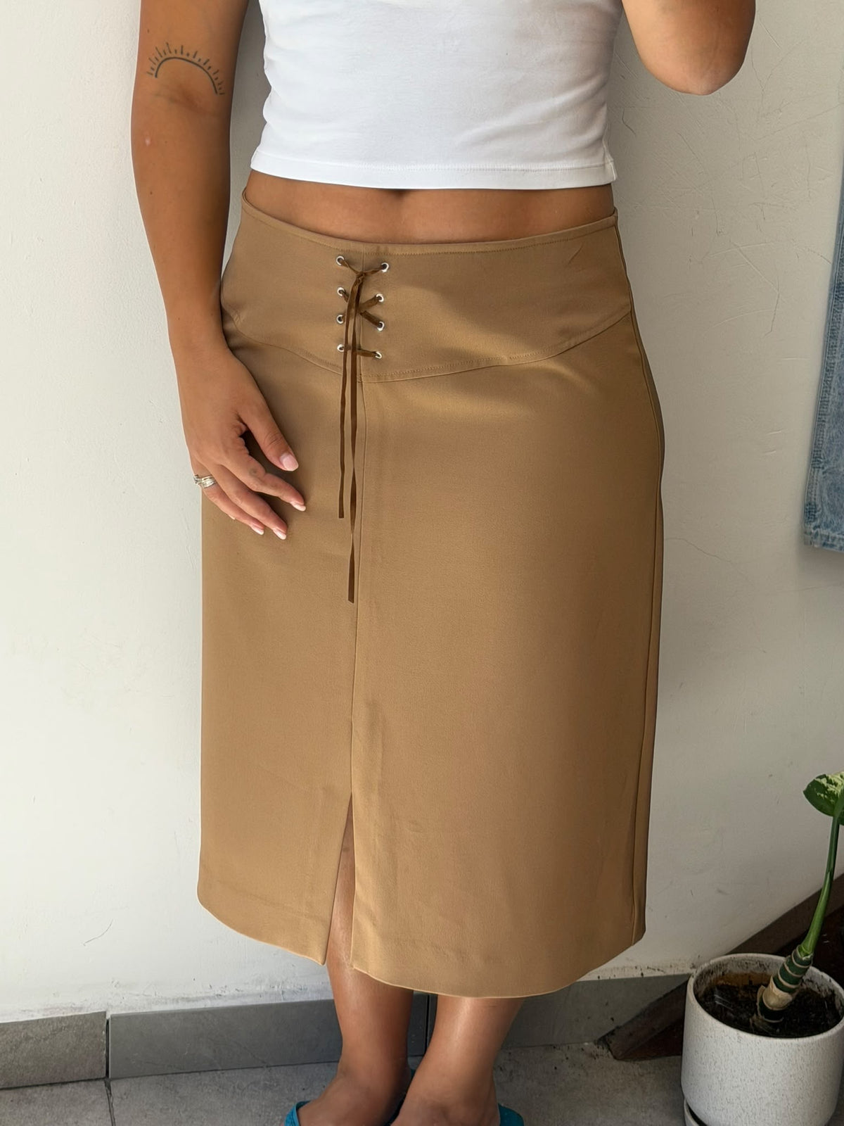 Lace-up tan corset midi skirt size 42