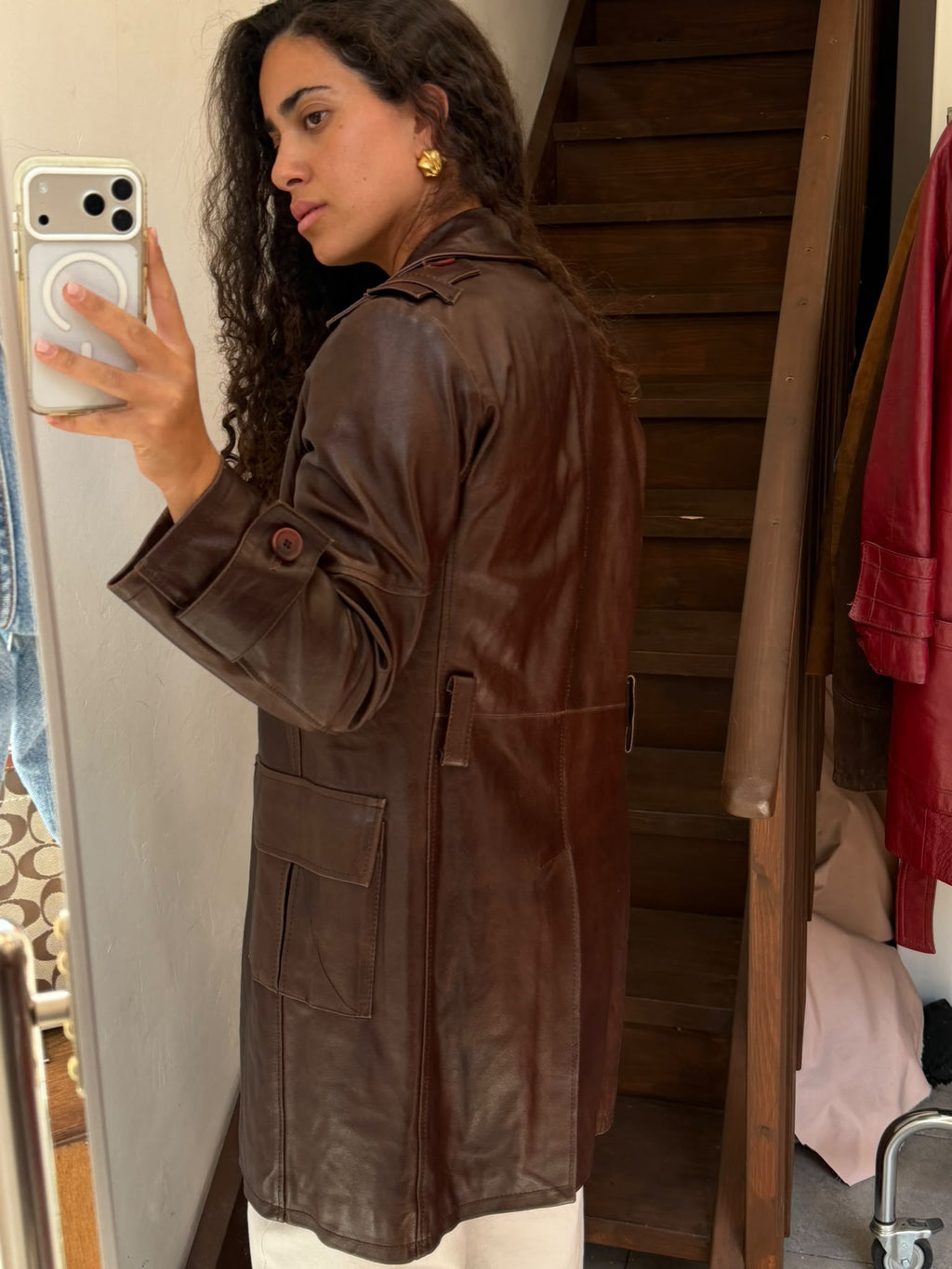 Brown Leather Trench Coat Size M