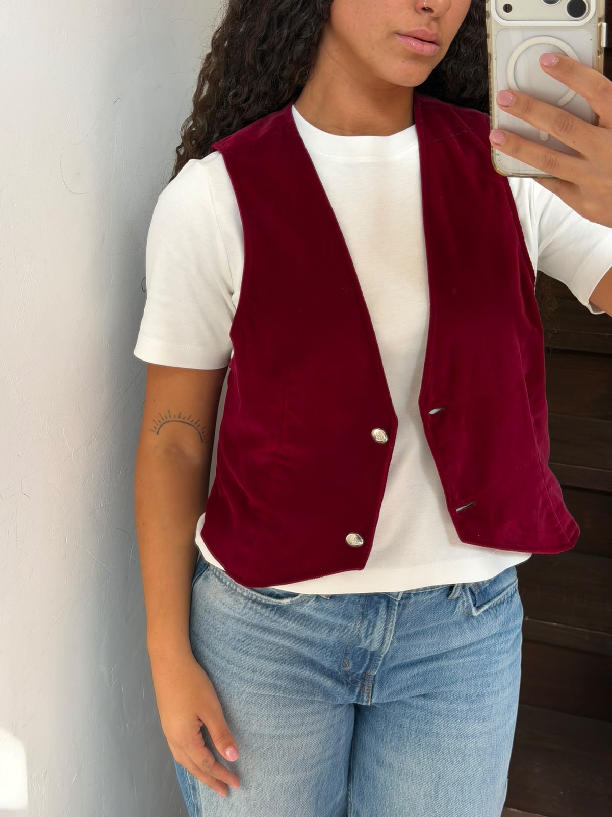 Burgundy Velvet Vest Button Up Sleeveless Waistcoat Size M