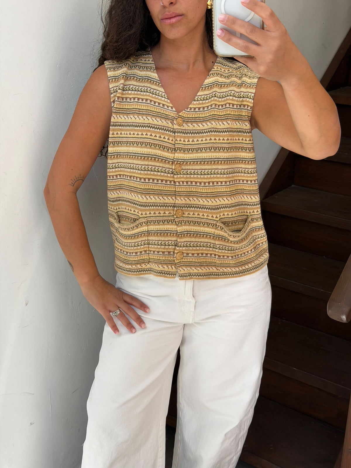 Beige And Brown Striped Button Up Silk Vest Size L