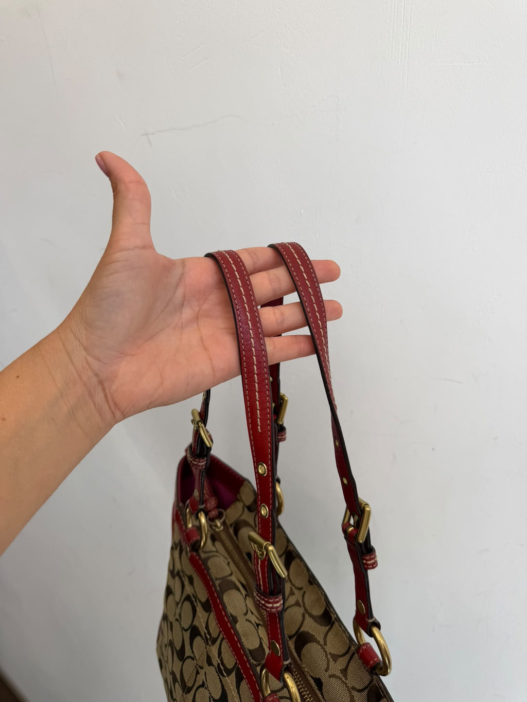 Vintage COACH Signature Hampton Buckle Tote Bag Khaki & Red Leather