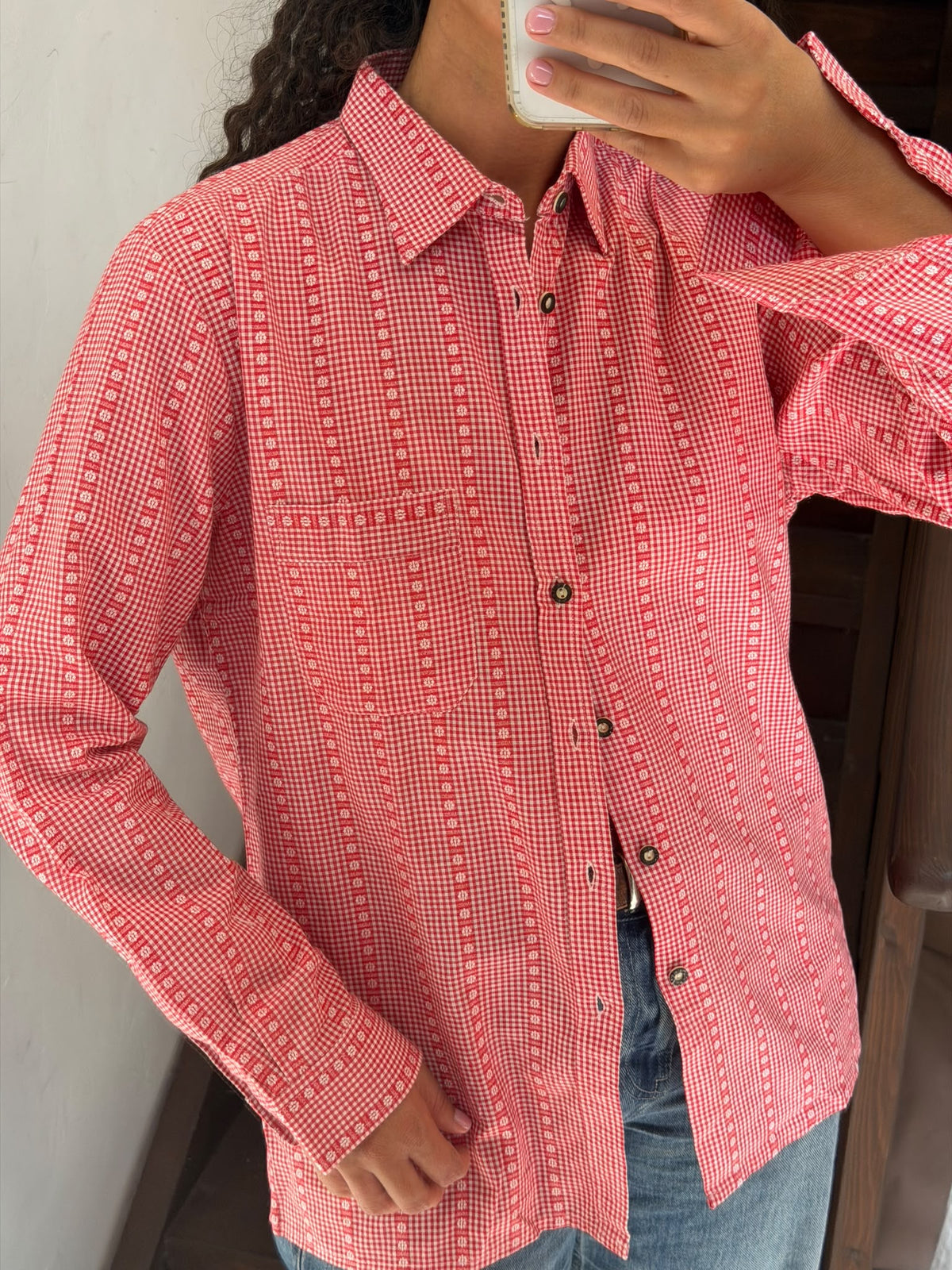 Red Floral Gingham Plaid Button Up Shirt Size L
