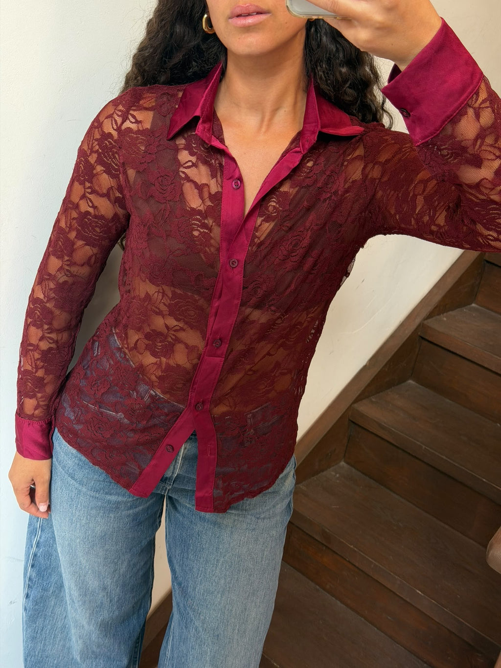 Burgundy Sheer Floral Lace Button Up Shirt Size M