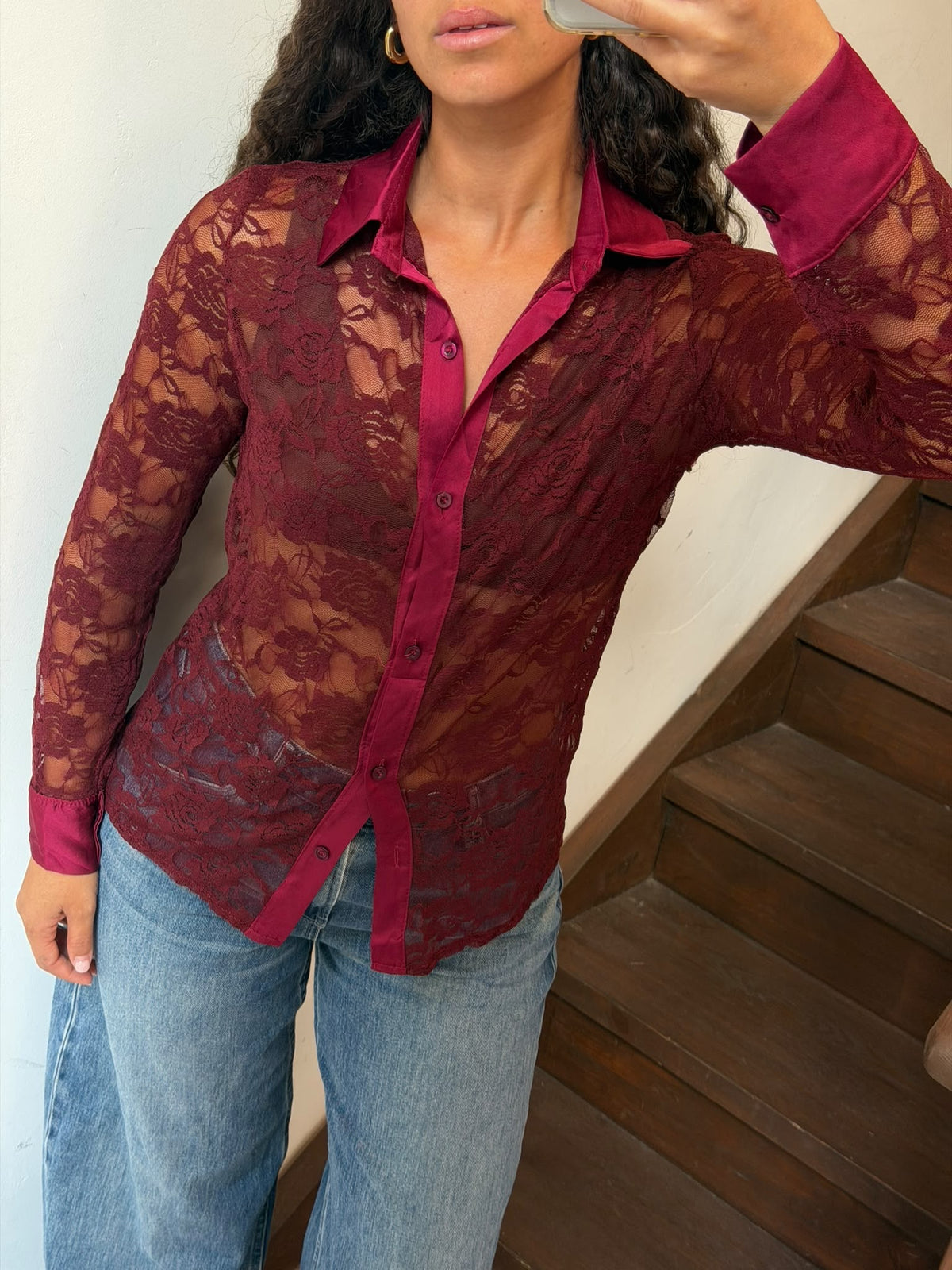 Burgundy Sheer Floral Lace Button Up Shirt Size M