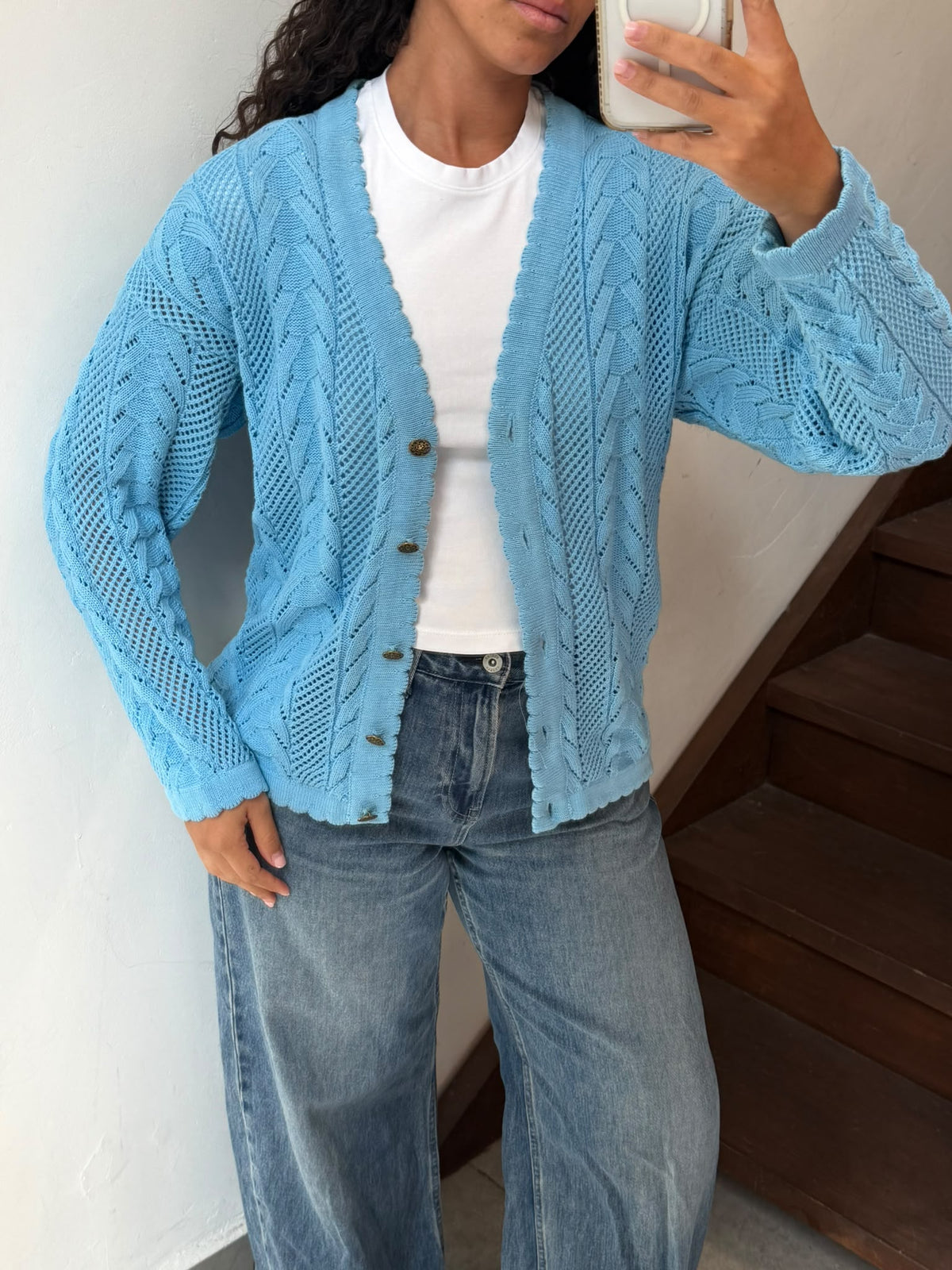 Light Blue Knit V-Neck Button Up Cardigan Size M