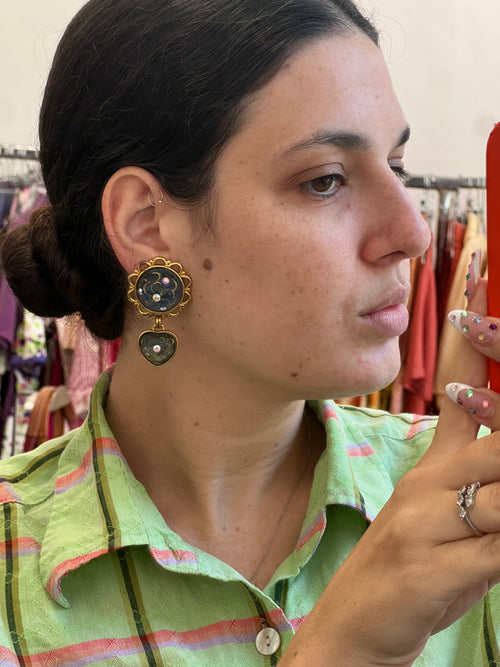 Gold Colored Earrings with Blue enamel