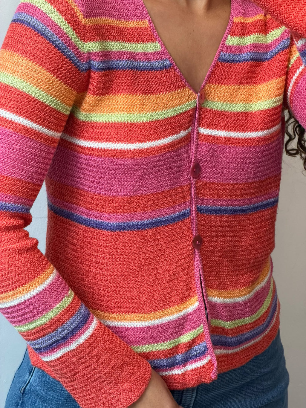 Colorful Striped Knit Cardigan V-Neck Sweater Size S