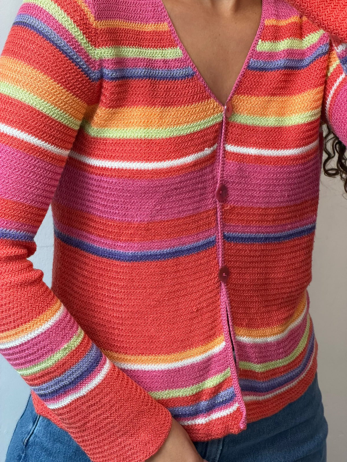 Colorful Striped Knit Cardigan V-Neck Sweater Size S