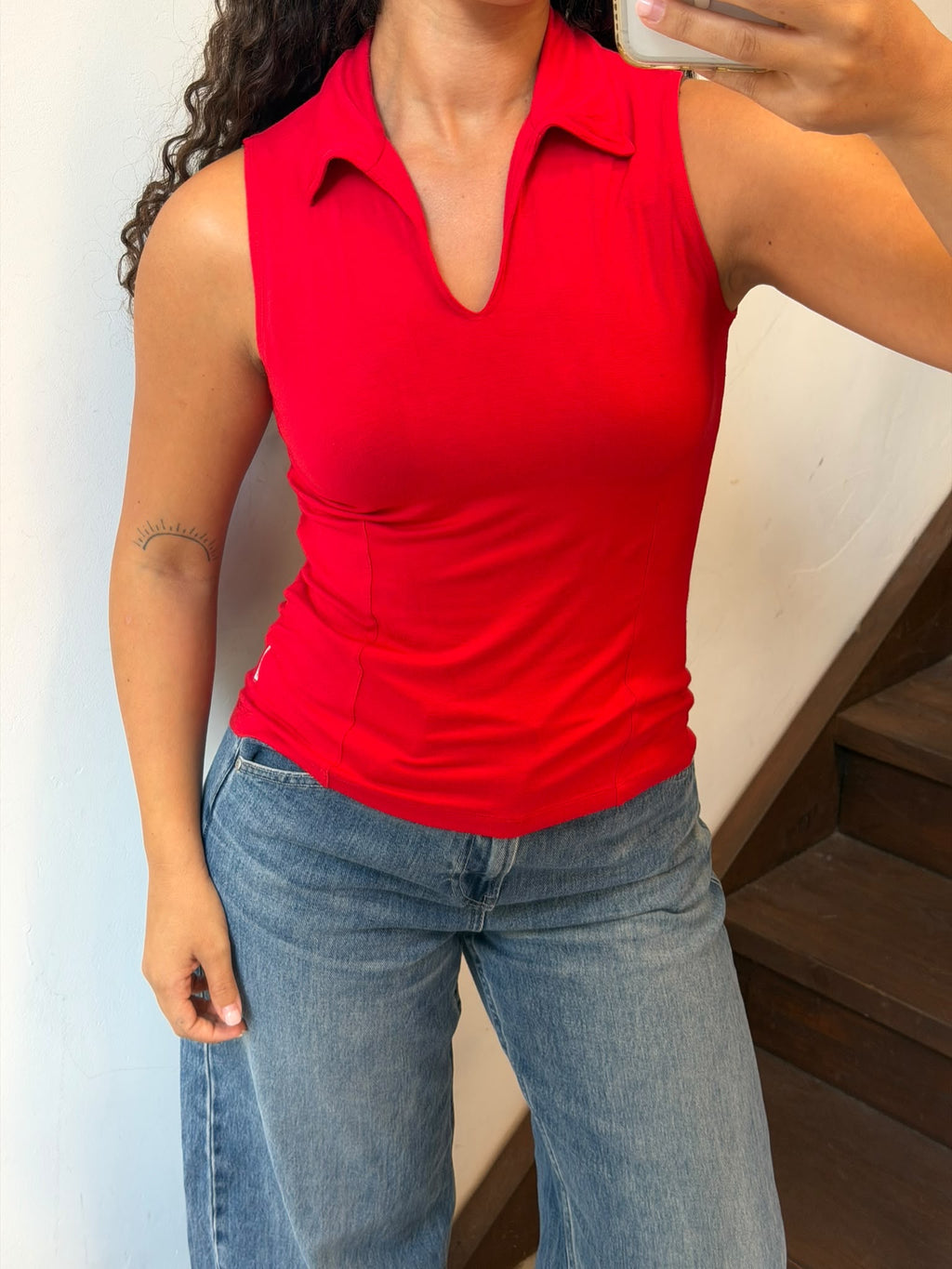 Red Sleeveless Polo Top with V-Neck Collar Size S