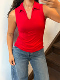 Red Sleeveless Polo Top with V-Neck Collar Size S